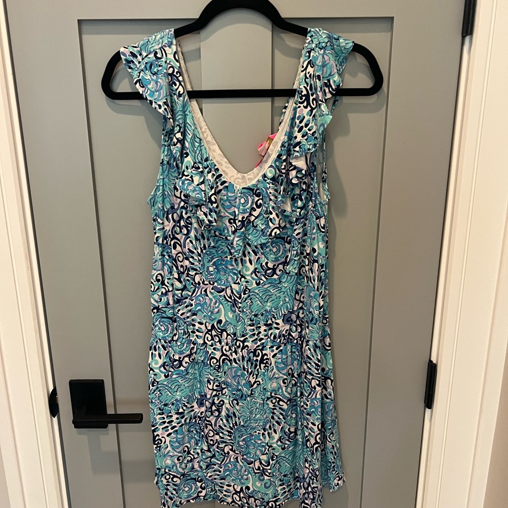 Lilly Pulitzer Blue and White Patterned Sleeveless Dress (with hidden underneath